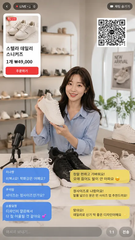 바로주문 라이브 화면 예시 — 셀러가 신발을 보여주며 실시간 채팅으로 주문 받는 모습